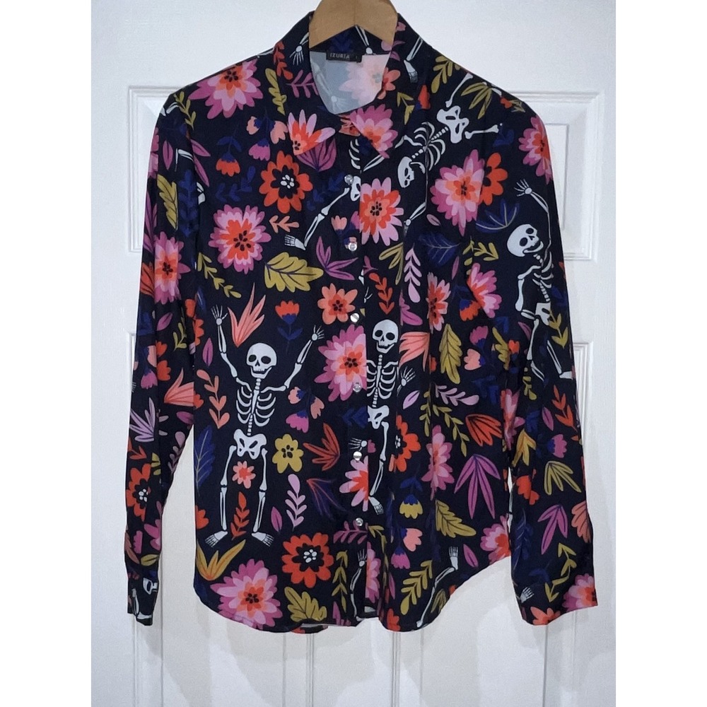 Izuria Blue Floral Whimsical Long Sleeve Button Up Blouse‎ Size Large